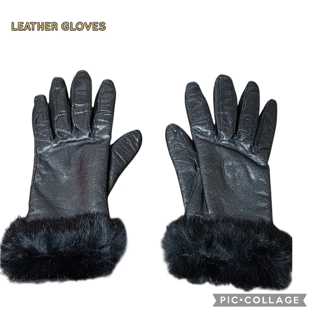 Gloves black leather with faux fur cuff trim soft elegant